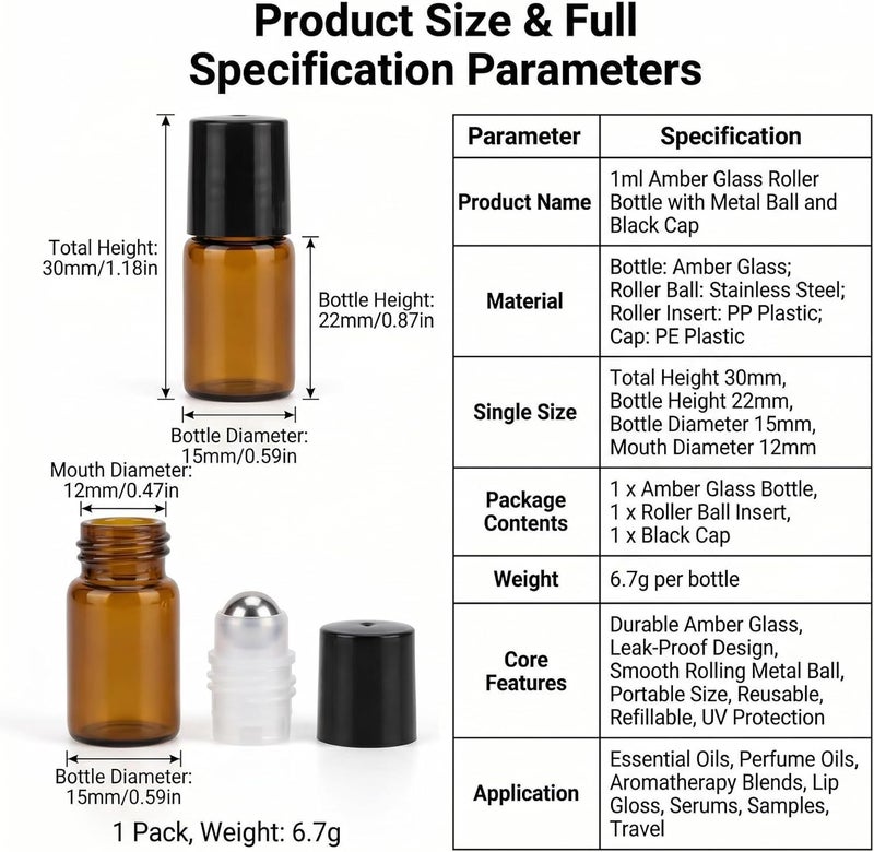 ericotry 12 Pcs Essential Oil Glass Roller Bottles Mini Tiny Refillable Empty Aromatherapy Perfume Liquid Amber Glass Roll On Bottles Vials Metal Rollerball Bottles Jar (1ml) - Image 2