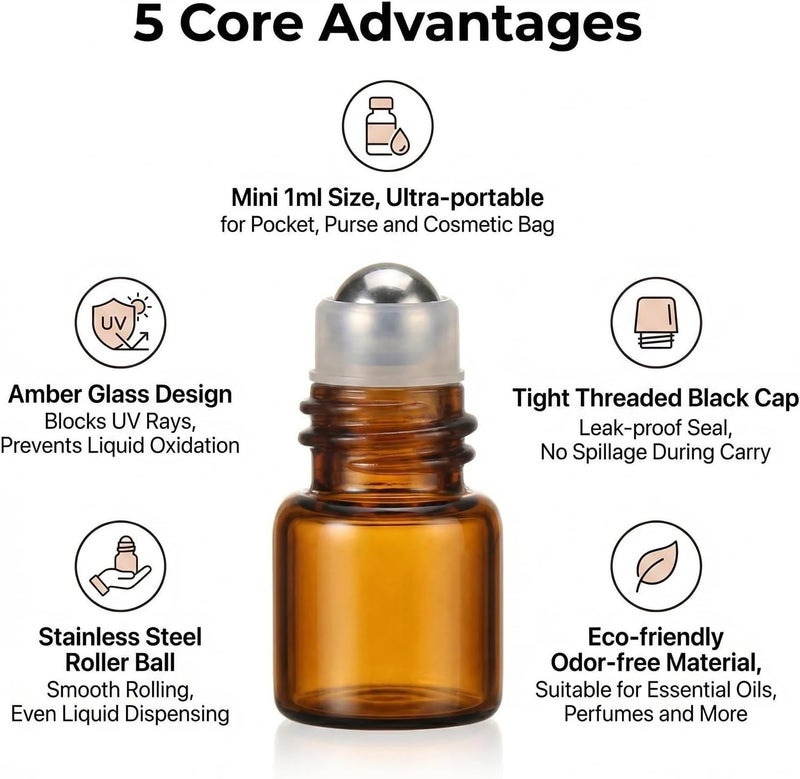 ericotry 12 Pcs Essential Oil Glass Roller Bottles Mini Tiny Refillable Empty Aromatherapy Perfume Liquid Amber Glass Roll On Bottles Vials Metal Rollerball Bottles Jar (1ml) - Image 3