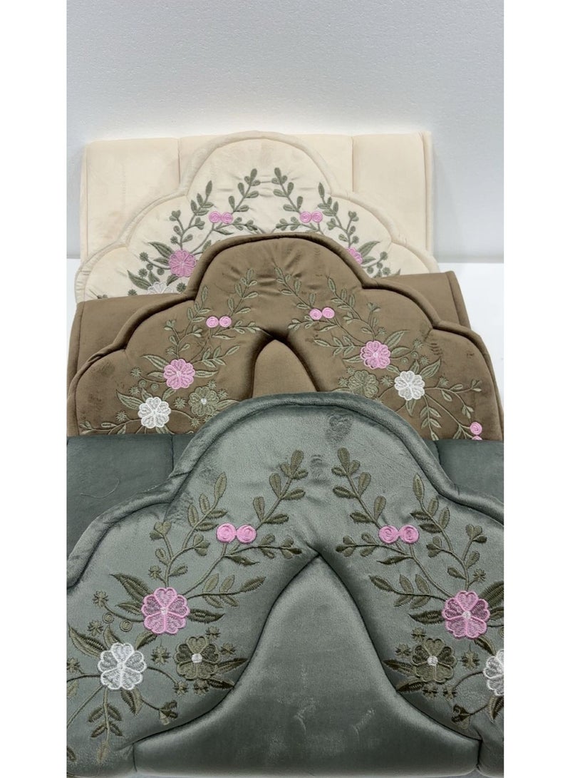 A set of velvet prayer rugs padded with foam (2 cm thick). They feature elegant floral and *mihrab*-style embroidery.
