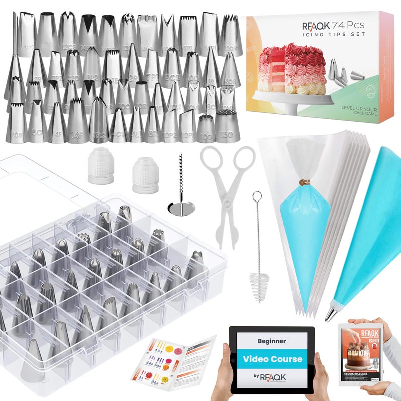 RFAQK 74 PCs Icing Piping Bags and Tips Set Cake Decorating Kit with 48Numbered Piping Tips Anti Burst Pastry Bags for Cookie Cupcake Cake Decoration Cake Decorating Tips Set with Booklet Ebook