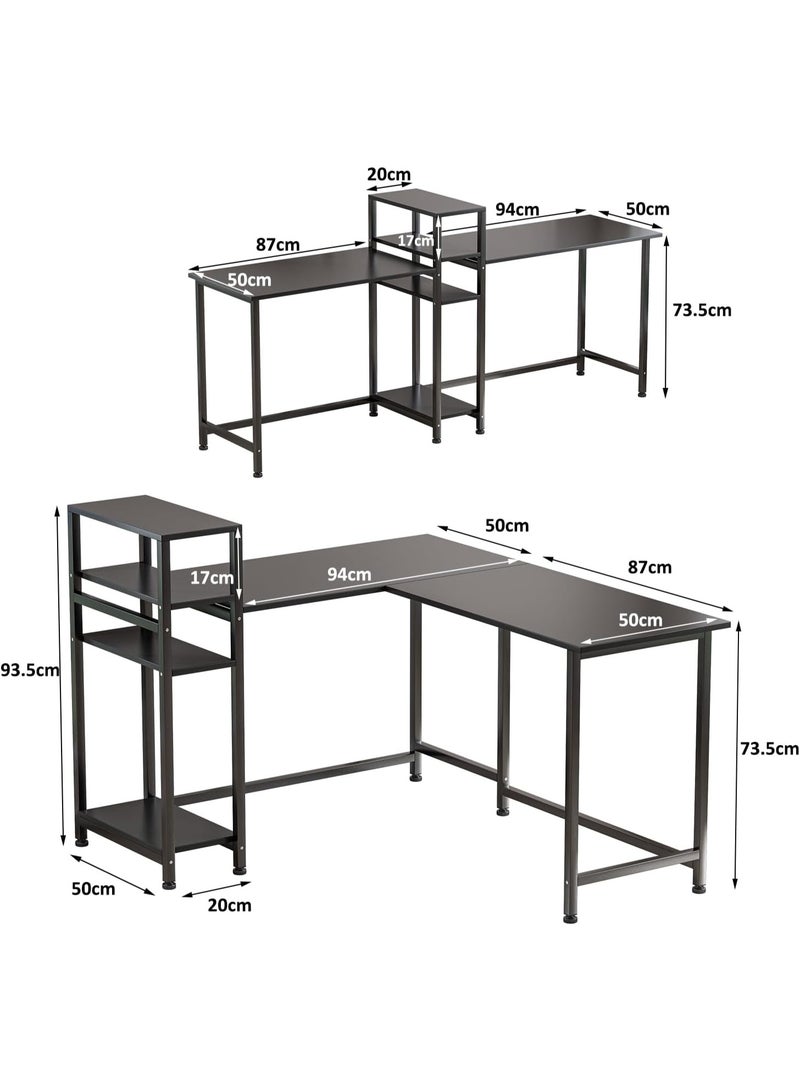 زويهاو مكتب زاوية على شكل حرف L مع رف، مكتب منزلي على شكل حرف L، مكتب ألعاب كبير، مكتب كتابة متين، محطة عمل للكتابة، مكتب ألعاب عصري بسيط (أسود مع رف). - Image 2