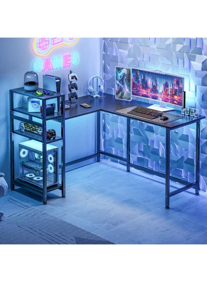 زويهاو مكتب زاوية على شكل حرف L مع رف، مكتب منزلي على شكل حرف L، مكتب ألعاب كبير، مكتب كتابة متين، محطة عمل للكتابة، مكتب ألعاب عصري بسيط (أسود مع رف). - Image 3