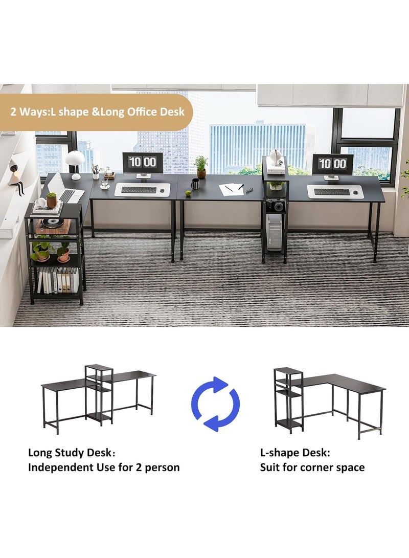 زويهاو مكتب زاوية على شكل حرف L مع رف، مكتب منزلي على شكل حرف L، مكتب ألعاب كبير، مكتب كتابة متين، محطة عمل للكتابة، مكتب ألعاب عصري بسيط (أسود مع رف). - Image 4