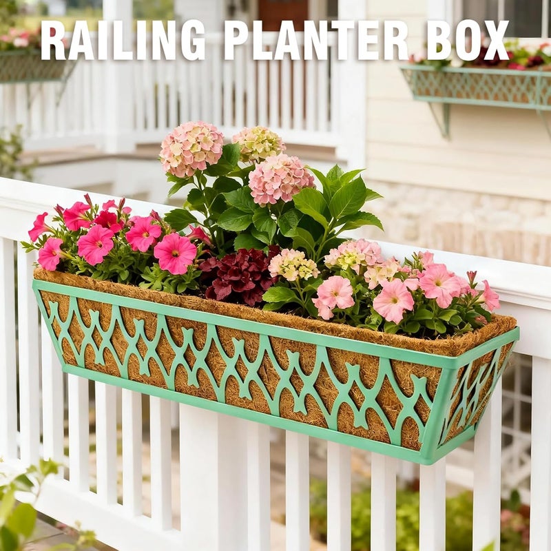 Karlliu 6 Pack 24 Inch Window Boxes Planters Railing Planter Box with Adjustable Brackets for Porch Fence Patio Balcony Hanging Flower Baskets with Coco Liners for Outdoor Garden Decor - Green - Image 4