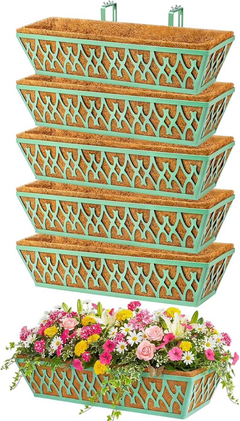 Karlliu 6 Pack 24 Inch Window Boxes Planters Railing Planter Box with Adjustable Brackets for Porch Fence Patio Balcony Hanging Flower Baskets with Coco Liners for Outdoor Garden Decor - Green - Image 1