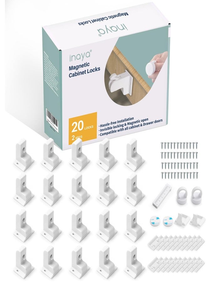 Inaya Magnetic Cabinet Locks Baby Proofing (20 Locks & 2 Keys), Child Safety Magnet Locks for Cabinets & Drawers with Invisible Design, 3M Adhesive for Easy Installation - No Drill & Tool Needed - Image 1