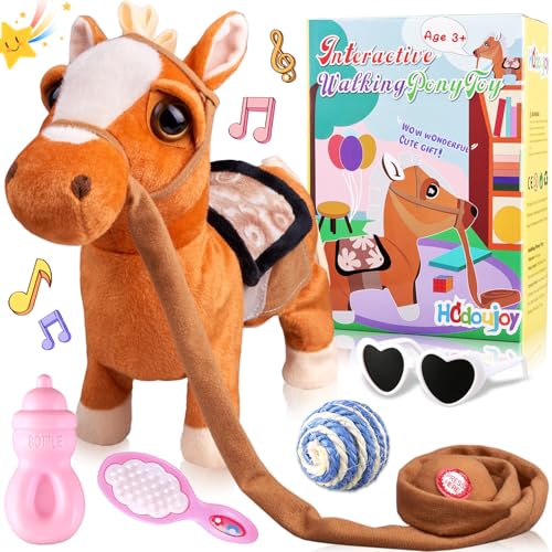 HCdoujoy Brown Walking Pony Plush Interactive Singing Dancing Musical Realistic Pet, Stuffed Animal Shaking Leash Horse Head Buttocks Toy for Boys Girls or Toddlers - Image 1