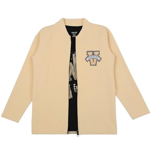 CAVIO Boys Cotton Blend Full Sleeves Zipper Jacket and T-Shirt Cream - Image 1