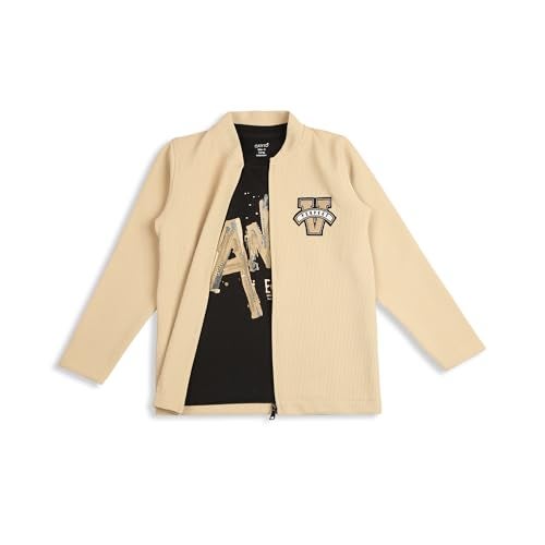 CAVIO Boys Cotton Blend Full Sleeves Zipper Jacket and T-Shirt Cream - Image 2