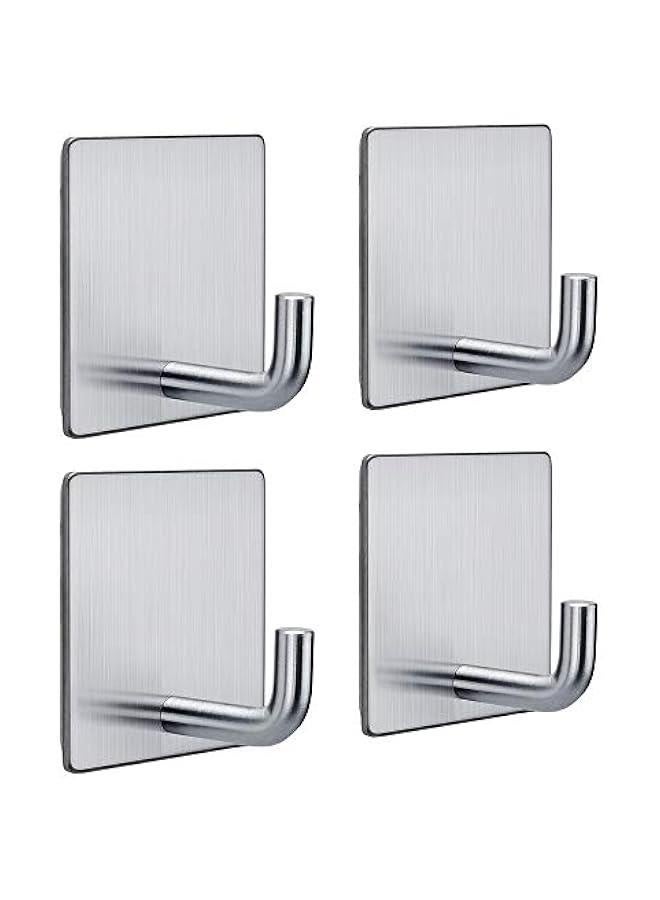 Adhesive Hooks Coat Hooks Heavy Duty Wall Hooks for Hanging Bathroom Kitchen Home Stick on Wall Silver-4 Packs  - Image 1