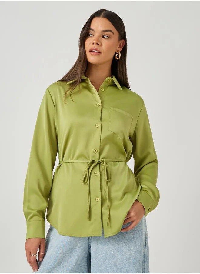 Styli Styli Solid Regular Fit Spread Collar Shirt with Belt Detail