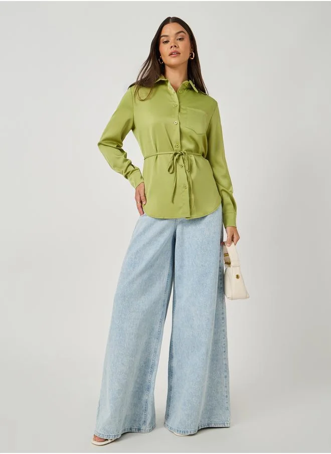 Styli Styli Solid Regular Fit Spread Collar Shirt with Belt Detail