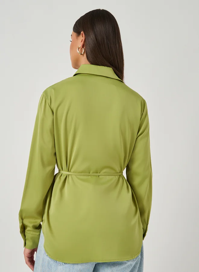Styli Styli Solid Regular Fit Spread Collar Shirt with Belt Detail