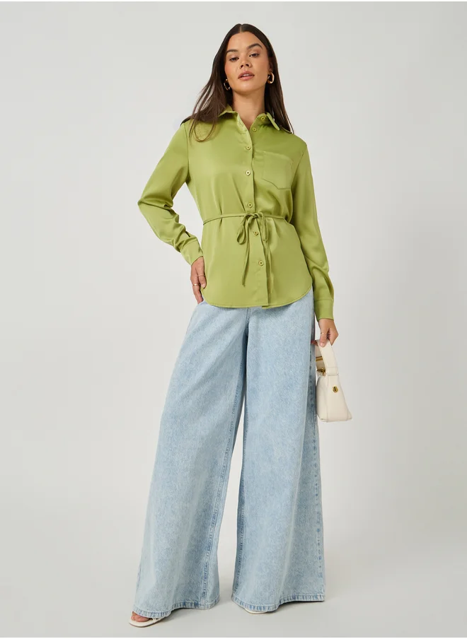 ستايلي Styli Solid Regular Fit Spread Collar Shirt with Belt Detail