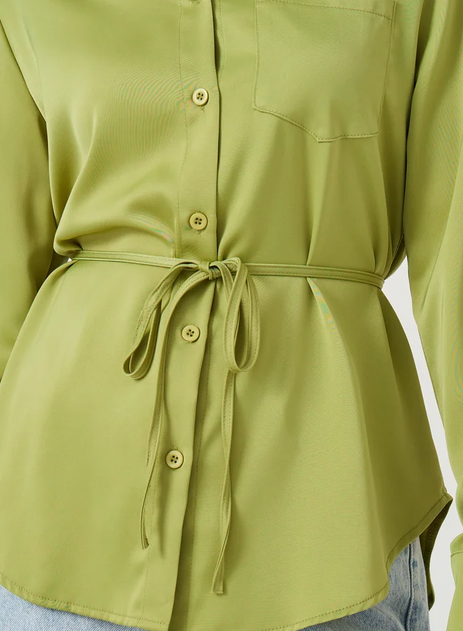 Styli Styli Solid Regular Fit Spread Collar Shirt with Belt Detail