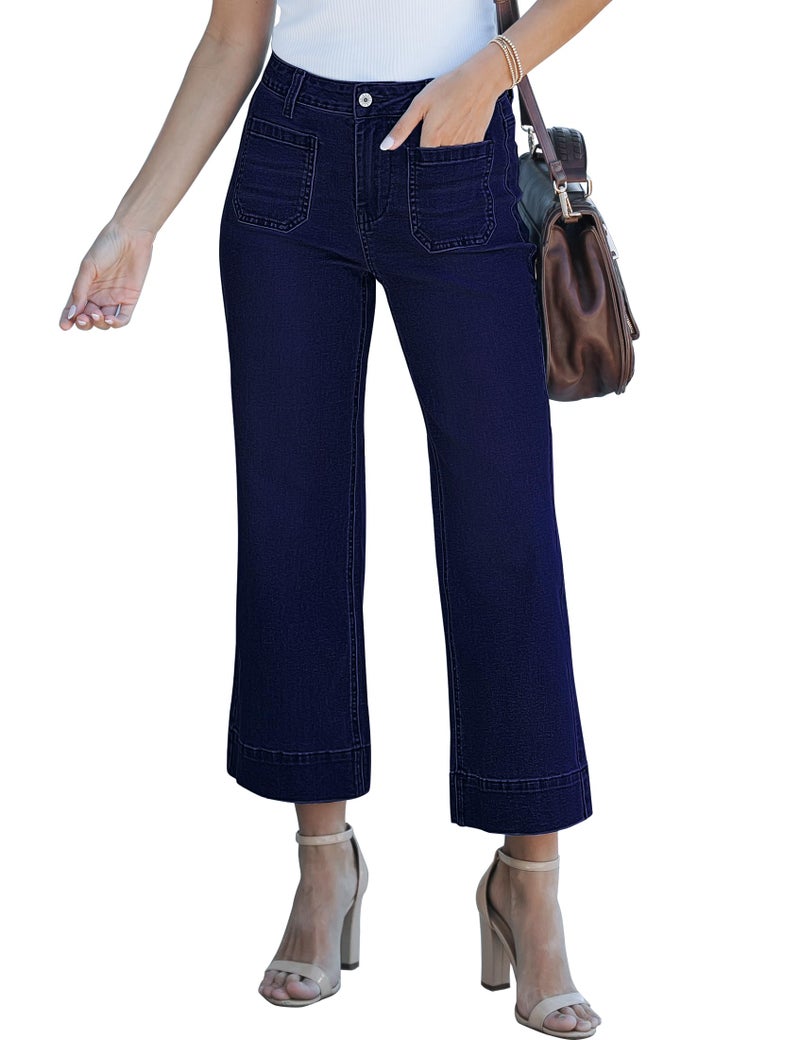 luvamia Wide Leg Jeans for Women Trendy High Waisted Flare Jeans Cropped Denim Pants Stretchy Baggy with Patch Pockets Rinse Blue Size Medium Fits Size 8-10 - Image 1