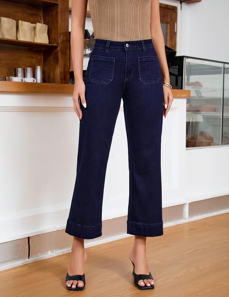 luvamia Wide Leg Jeans for Women Trendy High Waisted Flare Jeans Cropped Denim Pants Stretchy Baggy with Patch Pockets Rinse Blue Size Medium Fits Size 8-10 - Image 3
