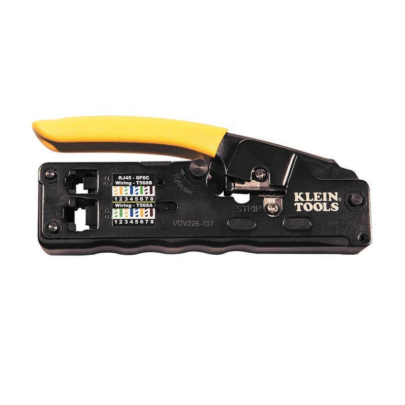 Klein Tools VDV226107 Compact Ratcheting Modular Data Cable Crimper Wire Stripper Wire Cutter CAT6 CAT5 CAT3 FlatSatin Voice Cable