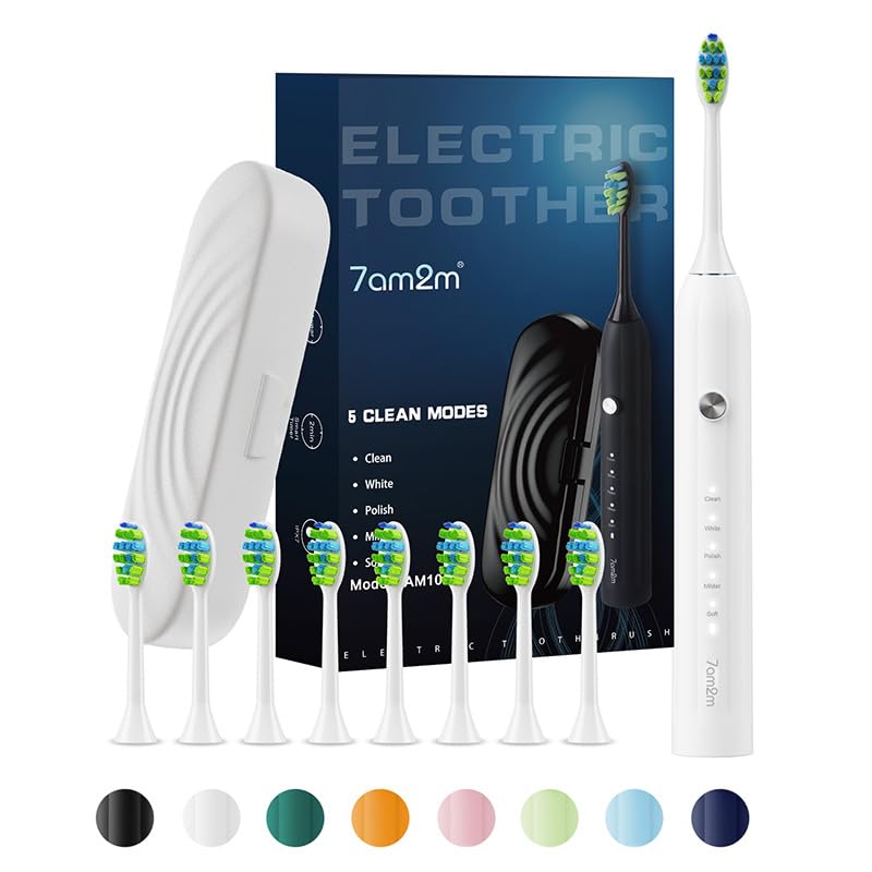 7AM2M Sonic Electric Toothbrush for Adults and Kids with 8 Brush Heads and Travel Case5 Modes with 2 Minutes Build in Smart Timer One Charge Use for 90 Days Rechargeable ToothbrushesWhite