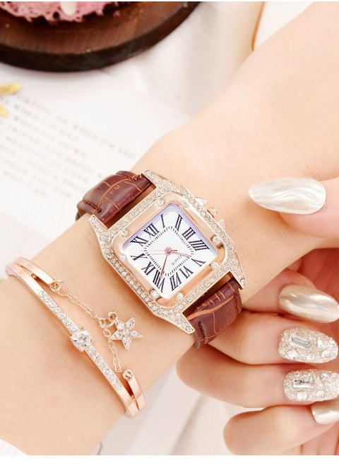 Fashionable bucket shaped square women's quartz watch with exquisite rhinestones on the dial, a two-piece set of watches and bracelets