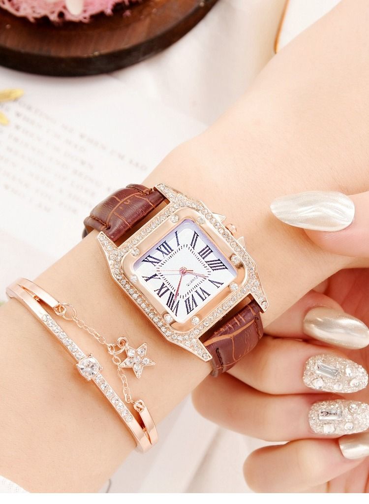 Fashionable bucket shaped square women's quartz watch with exquisite rhinestones on the dial, a two-piece set of watches and bracelets  - Image 1