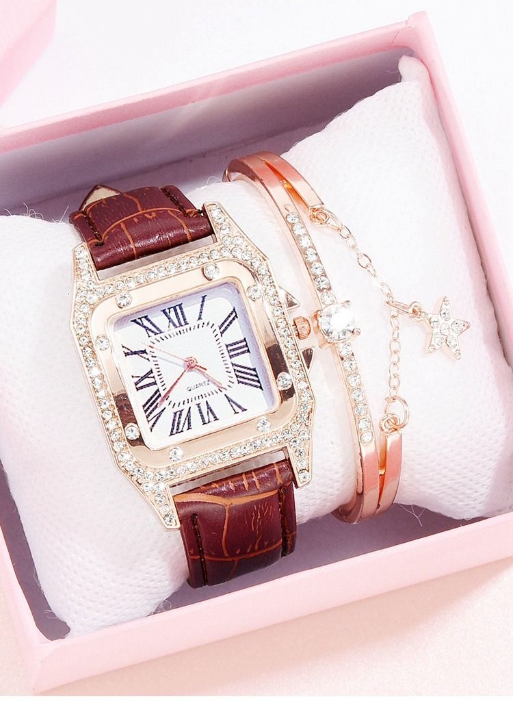 Fashionable bucket shaped square women's quartz watch with exquisite rhinestones on the dial, a two-piece set of watches and bracelets  - Image 2