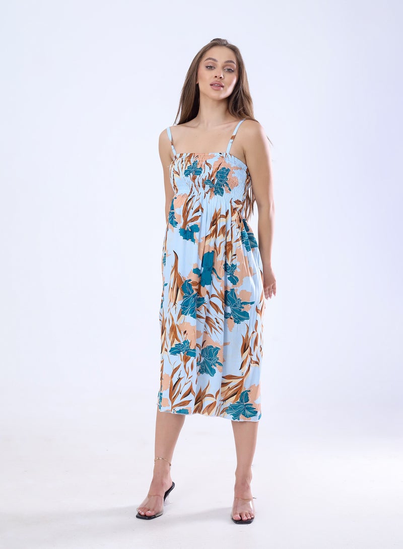 BEBO Women's short floral dress, free size, fits approximately 60-85 kg_Cyan & Petroleum - Image 1