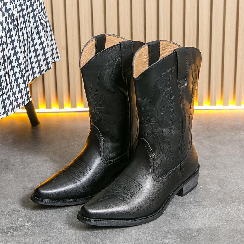 [] Western Cowboy Boots Wooden Bottom Embroidered Middle Tube Set Men'S Boots Knight Pointed Leather Boots - Image 5