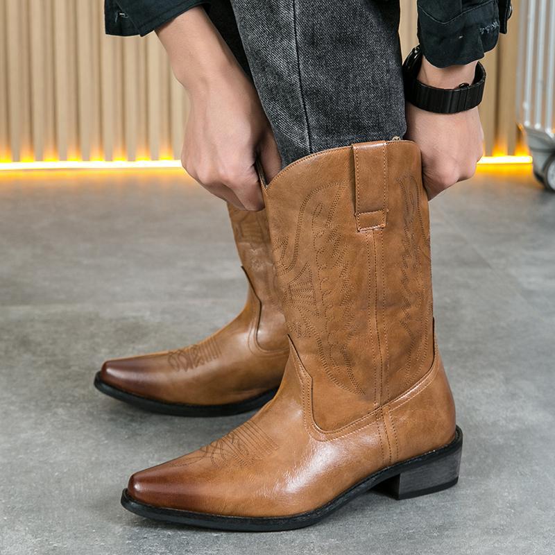 [] Western Cowboy Boots Wooden Bottom Embroidered Middle Tube Set Men'S Boots Knight Pointed Leather Boots - Image 3