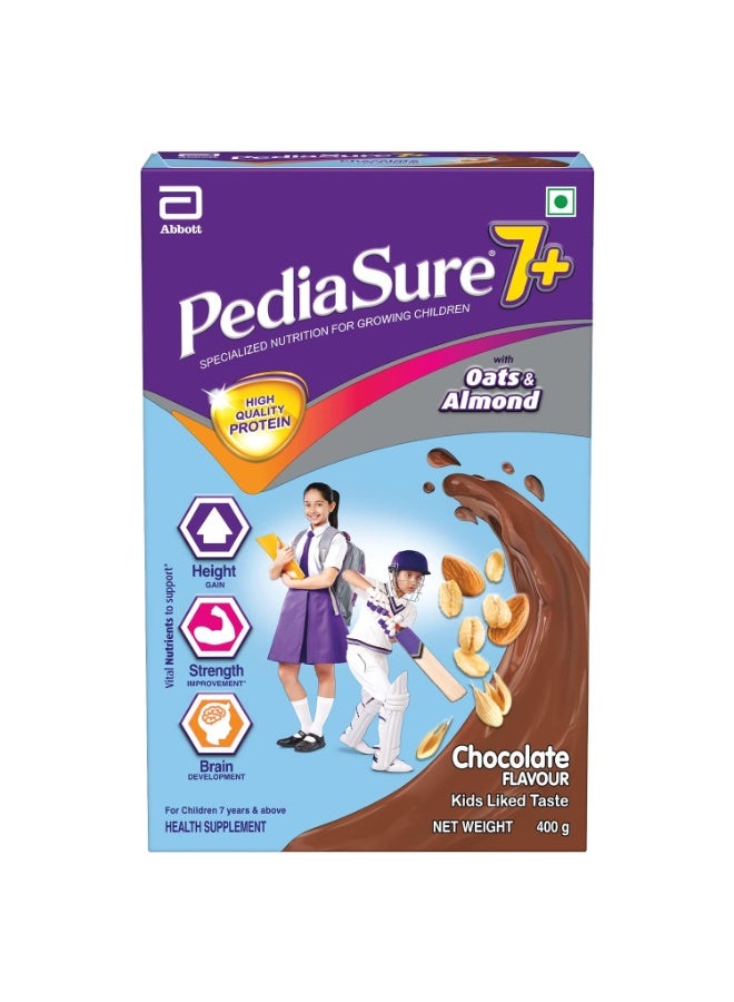 بدياشور مسحوق مشروب التغذية المتخصصة "بيدياشور 7+" (PediaSure 7+) - 400 جرام، بنكهة الشوكولاتة الفاخرة مع الشوفان واللوز، مخصص للأطفال في مرحلة النمو، يدعم زيادة الطول وقوة العضلات وتطور الدماغ، عبوة واحدة. - Image 1