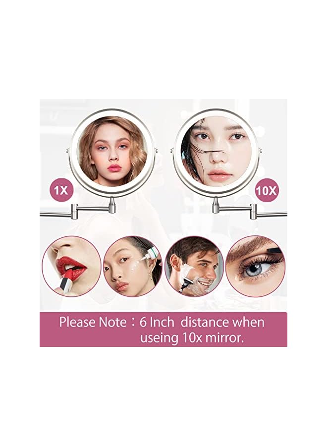 The Bros Wall Mounted Mirror 8'' with 1X/10X Magnification, LED Magnifying Makeup Mirror with 3 Light Modes, 360 Swivel Double Sided Extendable Vanity Mirror, Touch Control & Auto Off, Extendable Arm - Image 2
