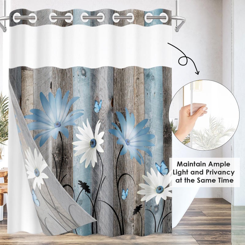 Nesphy no Hook Rustic Farmhouse Shower Stain مع Snap in Fabric Liner مجموعة أزهار ديزي زرقاء وفراشة على طبقات خشبية مزدوجة مقاومة للماء مع See من خلال الستار الحمام العلوي 71 × 86 بوصة - Image 3