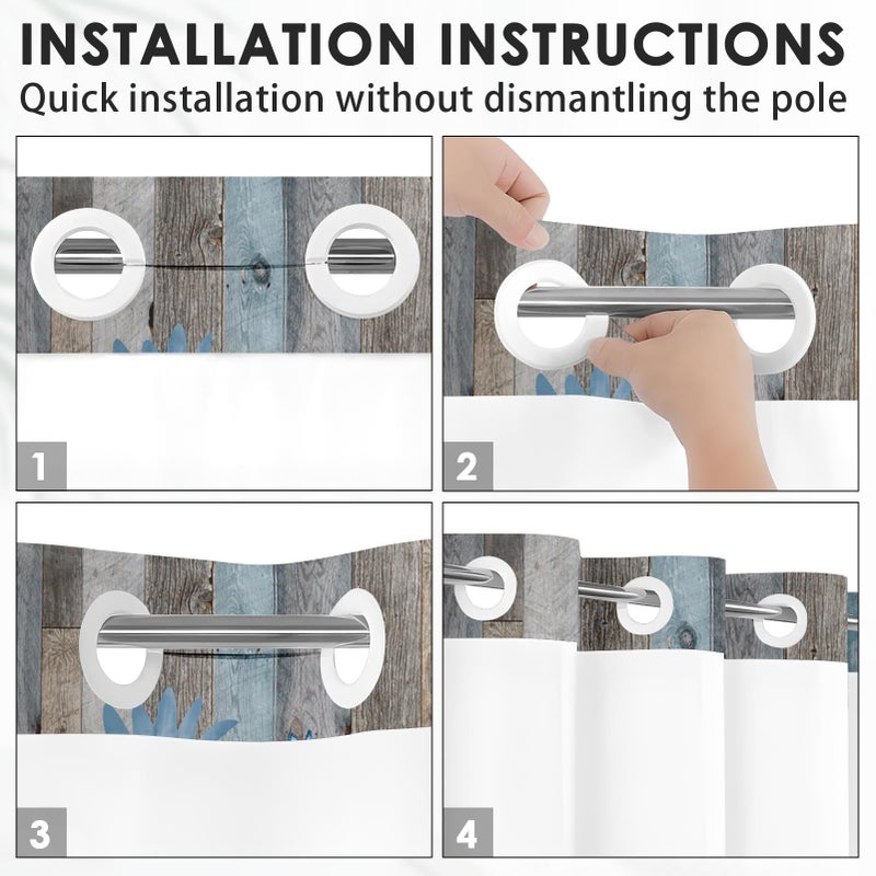 Nesphy no Hook Rustic Farmhouse Shower Stain مع Snap in Fabric Liner مجموعة أزهار ديزي زرقاء وفراشة على طبقات خشبية مزدوجة مقاومة للماء مع See من خلال الستار الحمام العلوي 71 × 86 بوصة - Image 2
