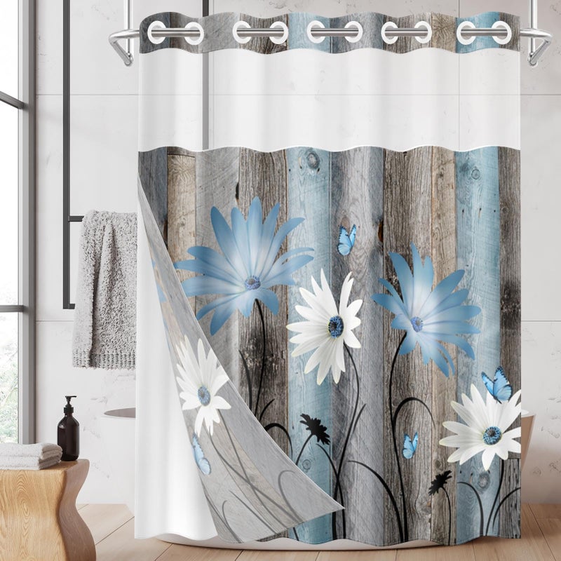 Nesphy no Hook Rustic Farmhouse Shower Stain مع Snap in Fabric Liner مجموعة أزهار ديزي زرقاء وفراشة على طبقات خشبية مزدوجة مقاومة للماء مع See من خلال الستار الحمام العلوي 71 × 86 بوصة - Image 1