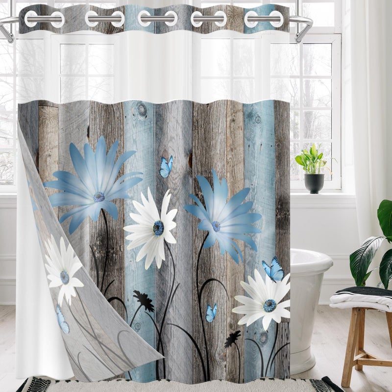 Nesphy no Hook Rustic Farmhouse Shower Stain مع Snap in Fabric Liner مجموعة أزهار ديزي زرقاء وفراشة على طبقات خشبية مزدوجة مقاومة للماء مع See من خلال الستار الحمام العلوي 71 × 86 بوصة - Image 5