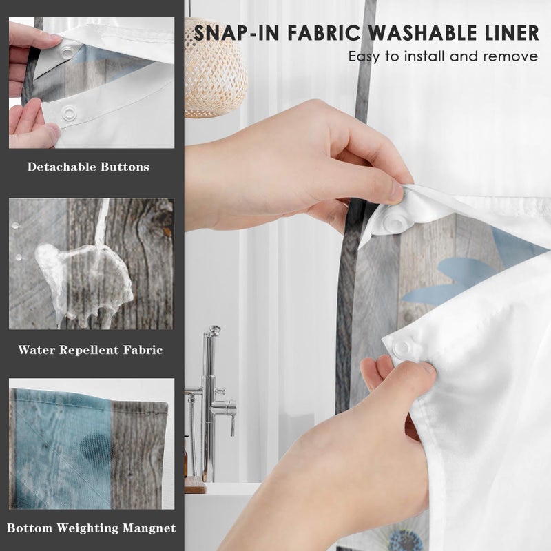 Nesphy no Hook Rustic Farmhouse Shower Stain مع Snap in Fabric Liner مجموعة أزهار ديزي زرقاء وفراشة على طبقات خشبية مزدوجة مقاومة للماء مع See من خلال الستار الحمام العلوي 71 × 86 بوصة - Image 4