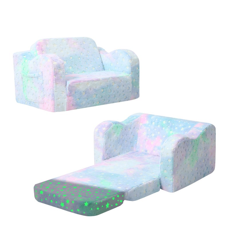 Folding Toddler Chair Soft Plush Fold Out Kids Couch Sofa Glow in The Dark Comfy Baby Recliner for Girls Boys Colorful Star