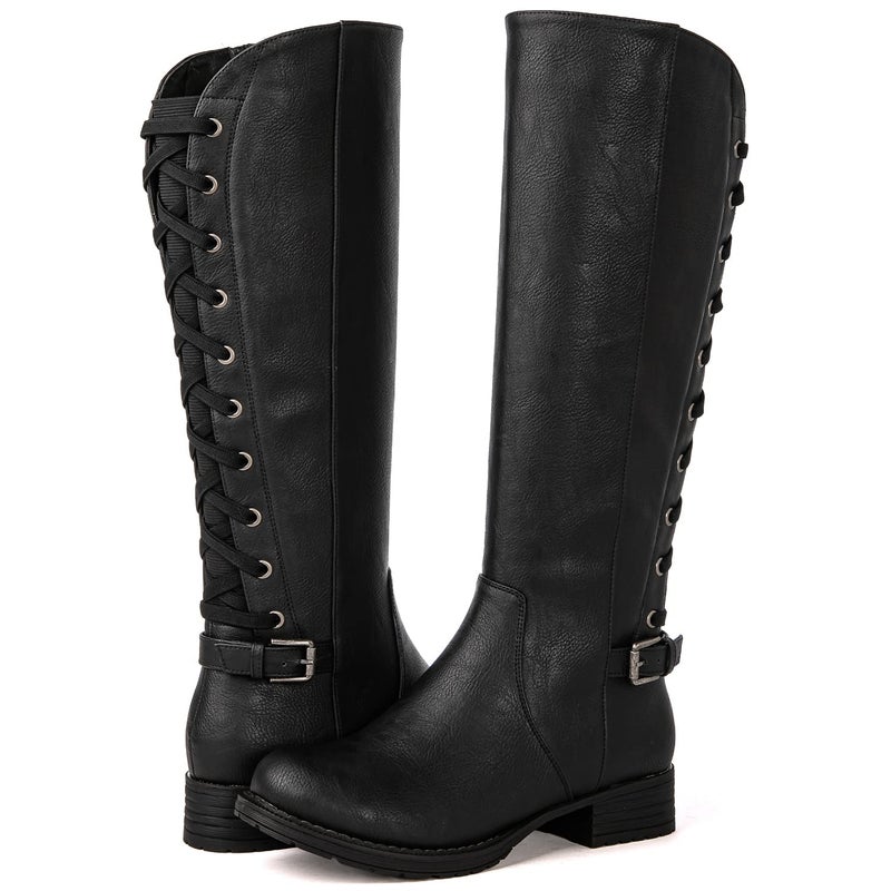 GLOBALWIN Women's Black Knee High Motorcylce Boots Strappy Boots For Women 10M - Image 1