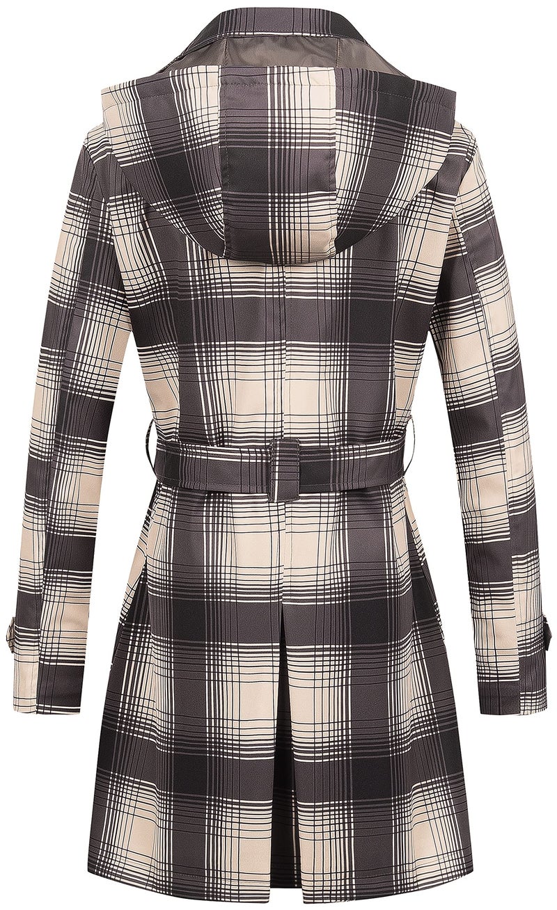 CREATMO US Womens Pea Coat Hooded Trench Women Hood Belt Double Breasted Waterproof Plaid XS - Image 2