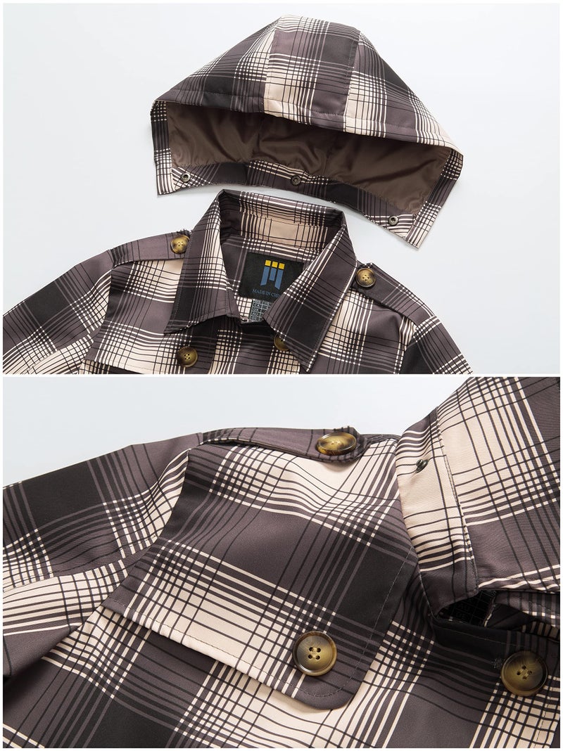 CREATMO US Womens Pea Coat Hooded Trench Women Hood Belt Double Breasted Waterproof Plaid XS - Image 5