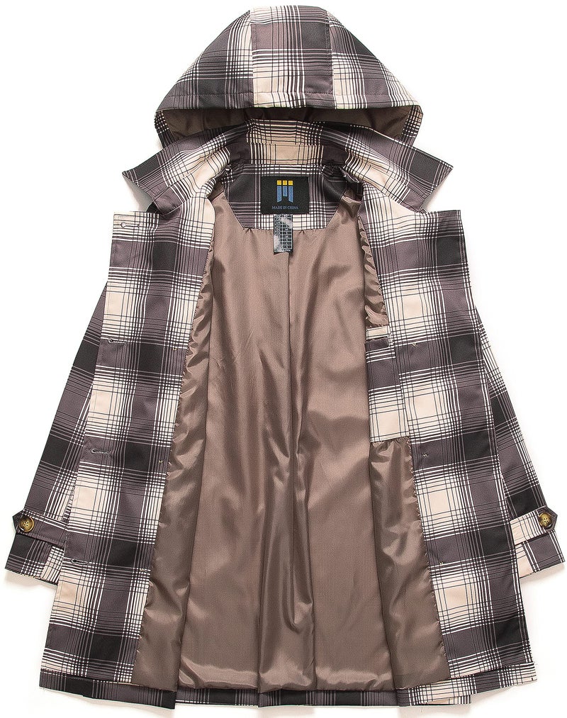 CREATMO US Womens Pea Coat Hooded Trench Women Hood Belt Double Breasted Waterproof Plaid XS - Image 3