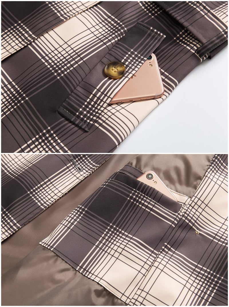 CREATMO US Womens Pea Coat Hooded Trench Women Hood Belt Double Breasted Waterproof Plaid XS - Image 4