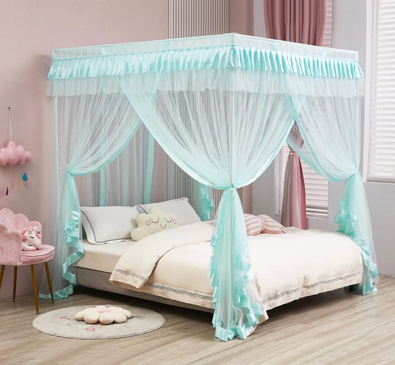 Mengersi 4 Corners Canopy Bed Curtains for Girls Kids Adults  Bed Drapes  4 Opening Mosquito Net  Cute Princess Bedroom Decoration Queen Sky Blue