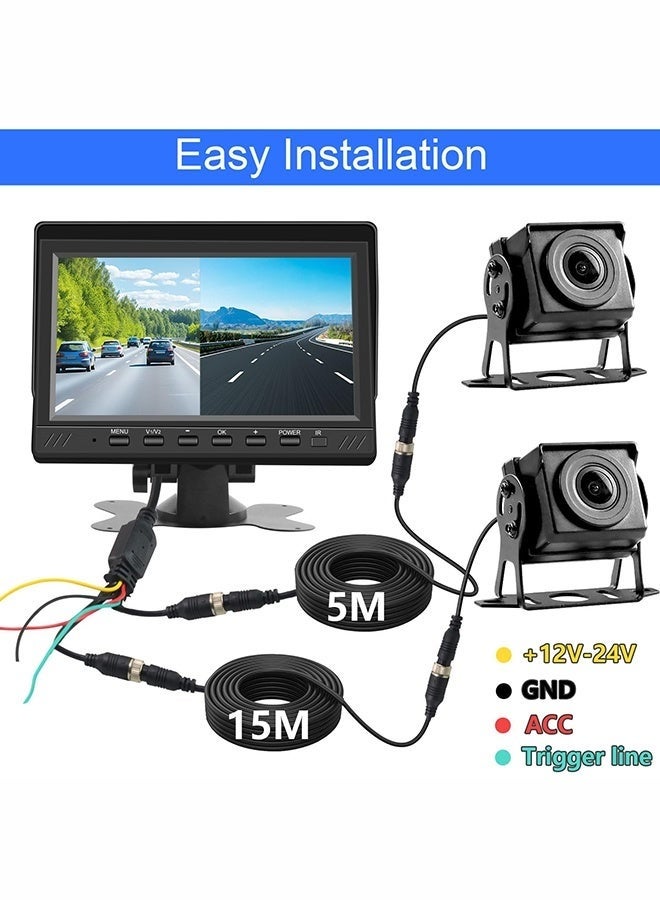 WALALLA Dual Backup Camera 17.8cm Split Monitor with 32G SD Card Kit, AHD 2 Channels Split Screen with 32G Recording, Reversing Camera IP69 Waterproof Front & Rear View Camera for Truck Trailer Semi-Trailer Box - Image 5