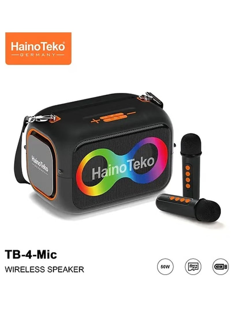 Haino Teko TB-4 Portable Wireless Bluetooth Speaker with 2 Wireless Mics, 50W Output Power, RGB Lighting, and Multi-Functional Control – Ultimate Sound Experience in Black - Image 1