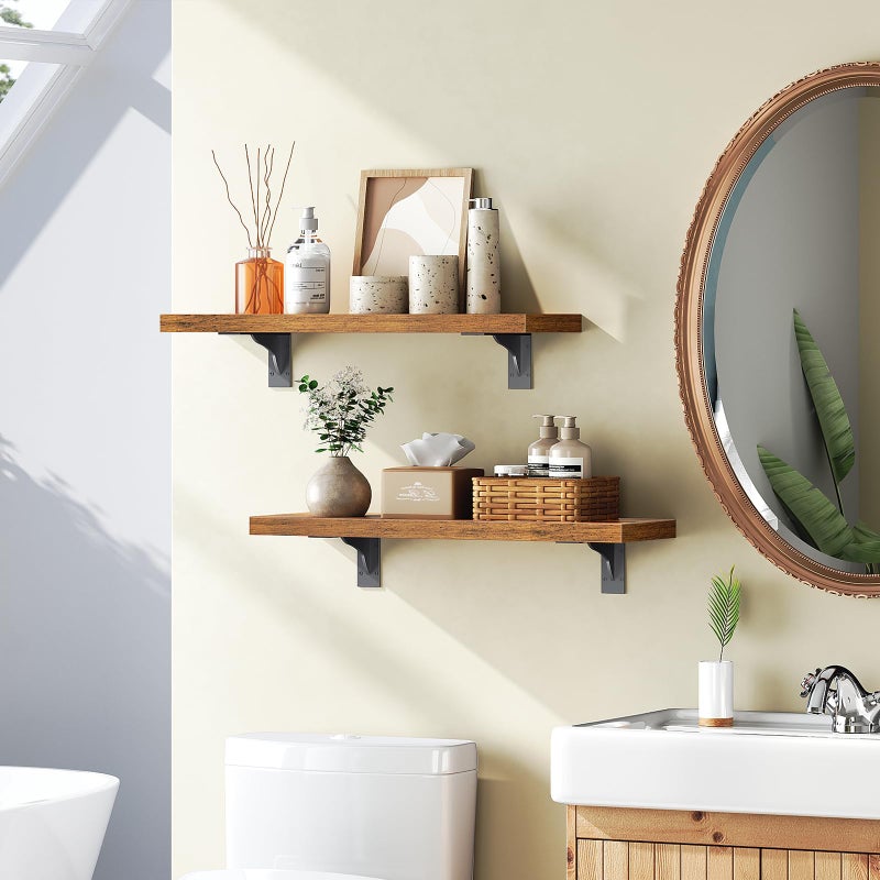 HOOBRO Floating Shelves for Wall, 15.4" Wall Mounted Shelves Set of 2, Hanging Storage Shelf with Metal Brackets, Wooden Shelf for Living Room, Bedroom, Bathroom, Rustic Brown and Black BF42BJP201G1 - Image 5