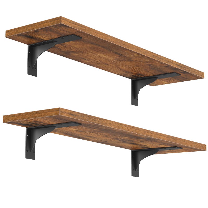 HOOBRO Floating Shelves for Wall, 15.4" Wall Mounted Shelves Set of 2, Hanging Storage Shelf with Metal Brackets, Wooden Shelf for Living Room, Bedroom, Bathroom, Rustic Brown and Black BF42BJP201G1 - Image 1