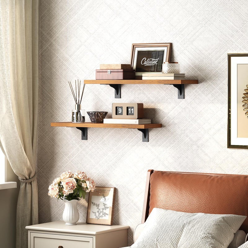 HOOBRO Floating Shelves for Wall, 15.4" Wall Mounted Shelves Set of 2, Hanging Storage Shelf with Metal Brackets, Wooden Shelf for Living Room, Bedroom, Bathroom, Rustic Brown and Black BF42BJP201G1 - Image 3