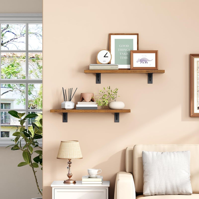 HOOBRO Floating Shelves for Wall, 15.4" Wall Mounted Shelves Set of 2, Hanging Storage Shelf with Metal Brackets, Wooden Shelf for Living Room, Bedroom, Bathroom, Rustic Brown and Black BF42BJP201G1 - Image 2