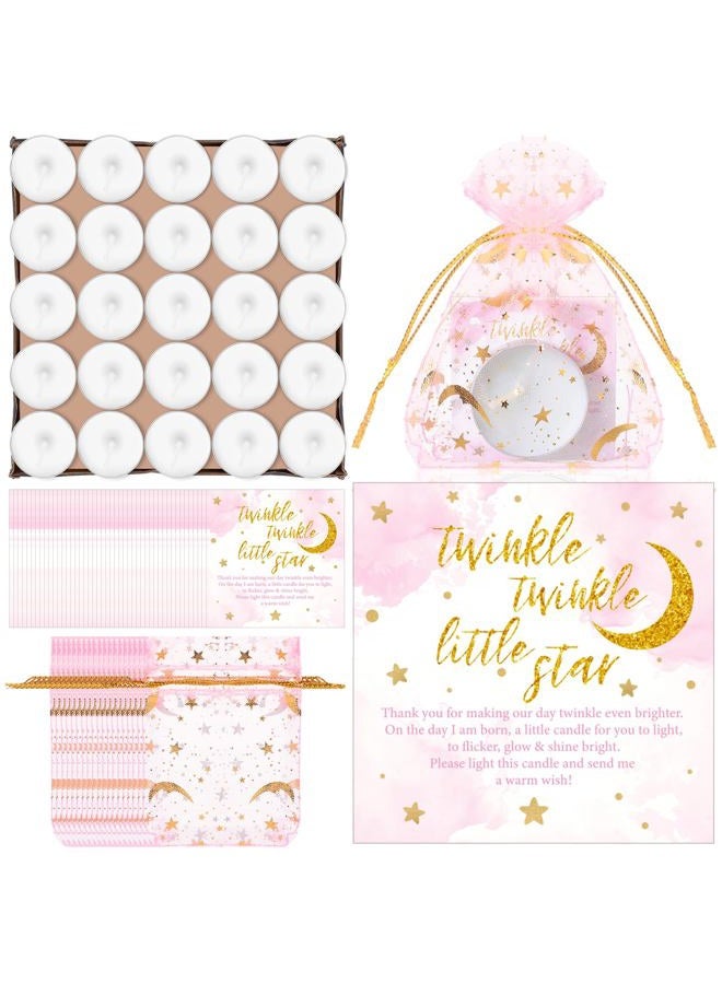 Datanly 50 Sets Baby Shower Candle Favors 50 Pcs Tea Light Candles for Guests with 50 Pcs Moon Star Organza Bags and 50 Pcs Little Star Thank You Tags Party Favors for Baby Gender Reveal (Pink) - Image 1